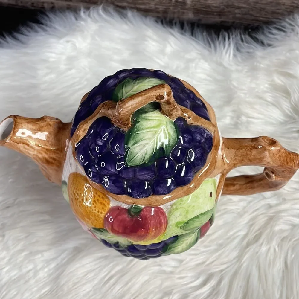 Fruit Design Teapot Grapes Apple Vines Fruit Basket